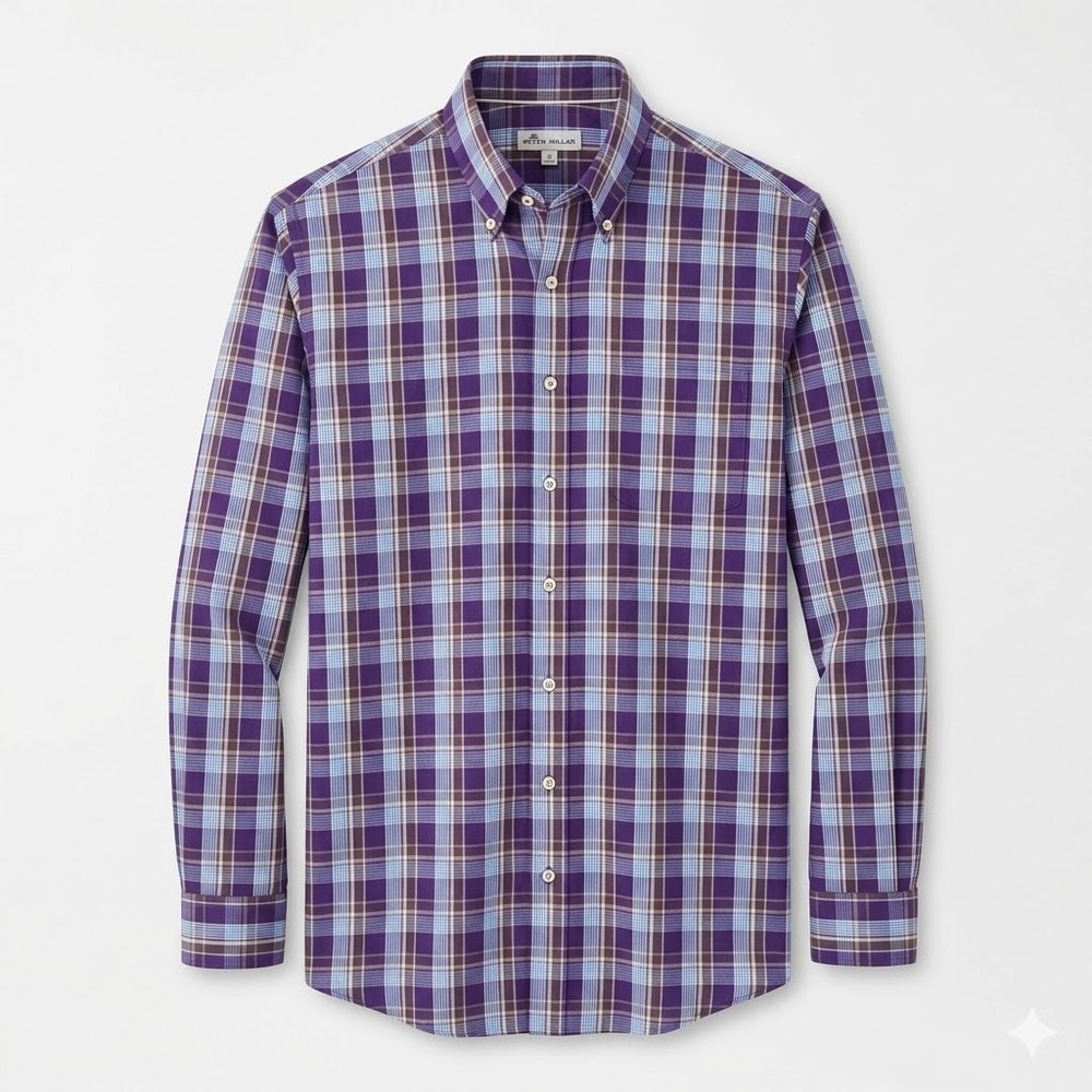 Peter Millar Men's LARGE Purple Plaid Long Sleeve Button Down Cotton Shirt